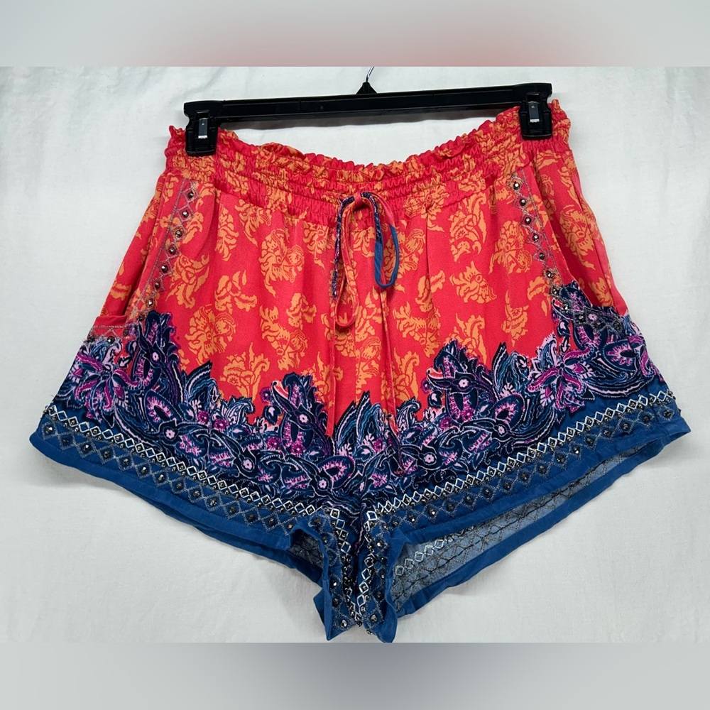 Free People San Paulo Shorts Women’s M Orange Silky Beaded Pull On Boho